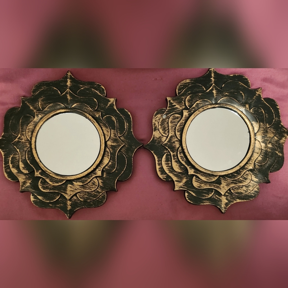 Two Matchinh Rustic Sunburst Gold and Black Decorative Wall Mirrors! 9.5x9.5